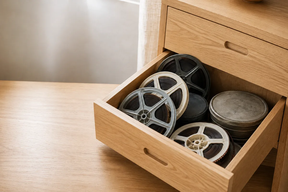 Åben skuffe med gamle smalfilmsruller og filmdåser